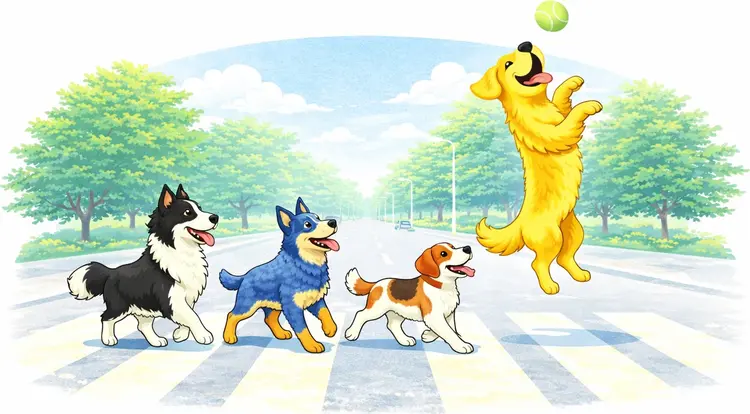 Dog Happiness dogs crossing the road to the park for some off-leash fun